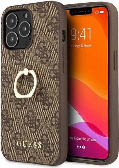 Mbështjellës Guess GUHCP13L4GMRBR për iPhone 13 Pro/13 6.1", me unazë, kafe