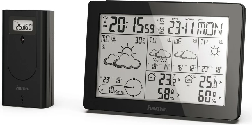 Stacion moti, Hama Meteotime 186369, ekran digjital me ndriçim të bardhë, sensor i jashtëm wireless, parashikim 4-ditor, i zi