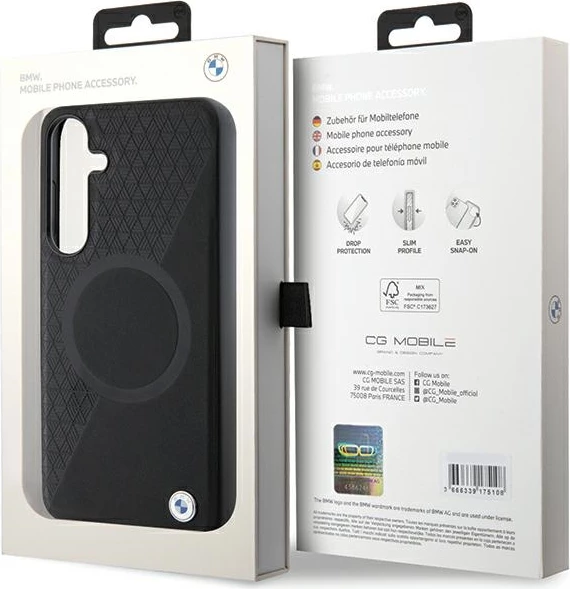 Mbështjellës BMW BMHMS24S23RTPK për Samsung Galaxy S24, lëkurë natyrale, MagSafe, i zi