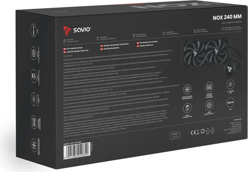 Ftohje me ujë për CPU, Savio NOX 240 mm, 2x120 mm PWM, TDP 250 W, pa ndriçim