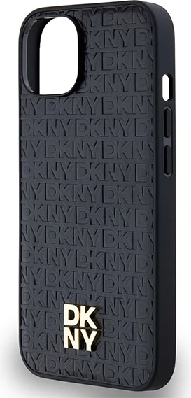 Mbështjellës DKNY Leather Monogram Pattern Metal Logo MagSafe për iPhone 15/14/13, e zezë
