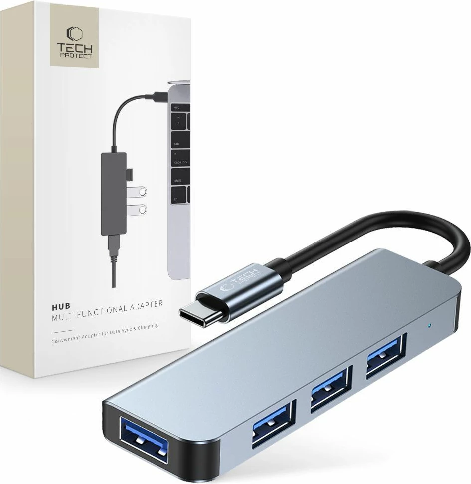 HUB Tech-Protect V1 4in1, USB-C në 3x USB-A 2.0 / USB-A 3.0, Gri
