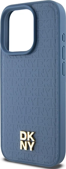 Mbështjellës DKNY Leather Monogram Pattern Metal Logo MagSafe për iPhone 15 Pro, Kaltër