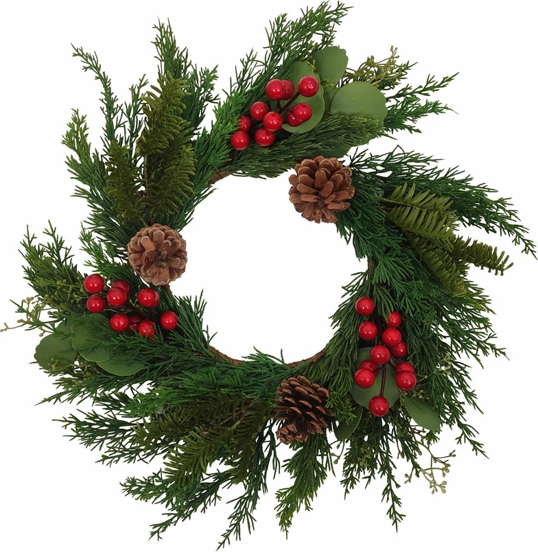 Kurorë festive me manaferra të kuqe, me mistletoe, 45x45cm, jeshile-kuqe, polyfoam-PVC