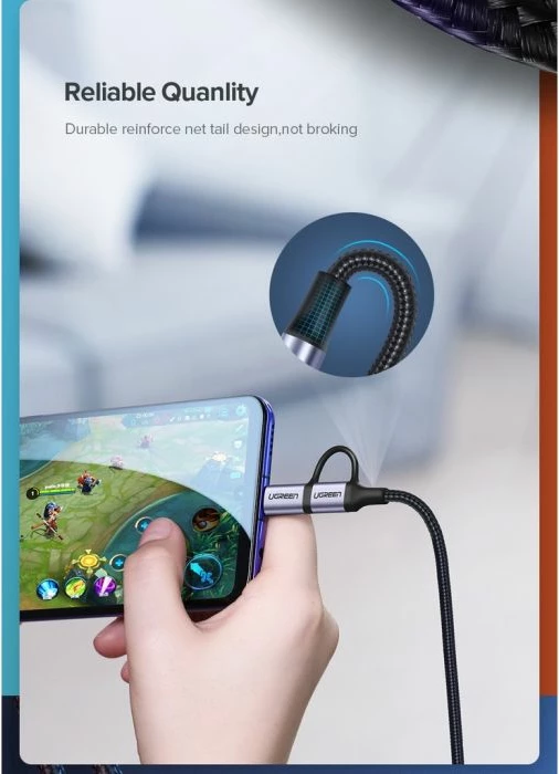 Kabllo UGREEN USB-A në Micro USB + USB-C MPN 30875 1m 2.4A 2-në-1 e gërshetuar, e zezë