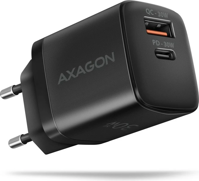Mbushës muri AXAGON ACU-PQ30, 30W, 2 porta (USB-A QC3.0/4.0 + USB-C PD3.0), i zi