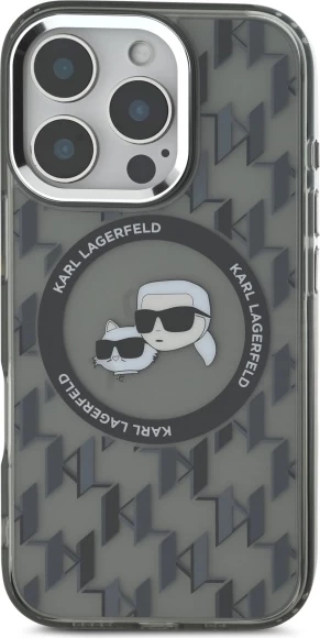 Mbështjellës Karl Lagerfeld IML Monogram Karl & Choupette Head MagSafe për iPhone 16 Pro, i zi