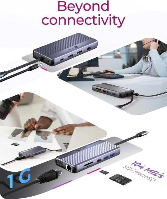 stacion docking USB-C ICYBOX IB-DK4062-CPD 12-në-1, triple video (2x HDMI 4K + VGA), PD 100W, Ethernet Gigabit, lexues SD/microSD, gri