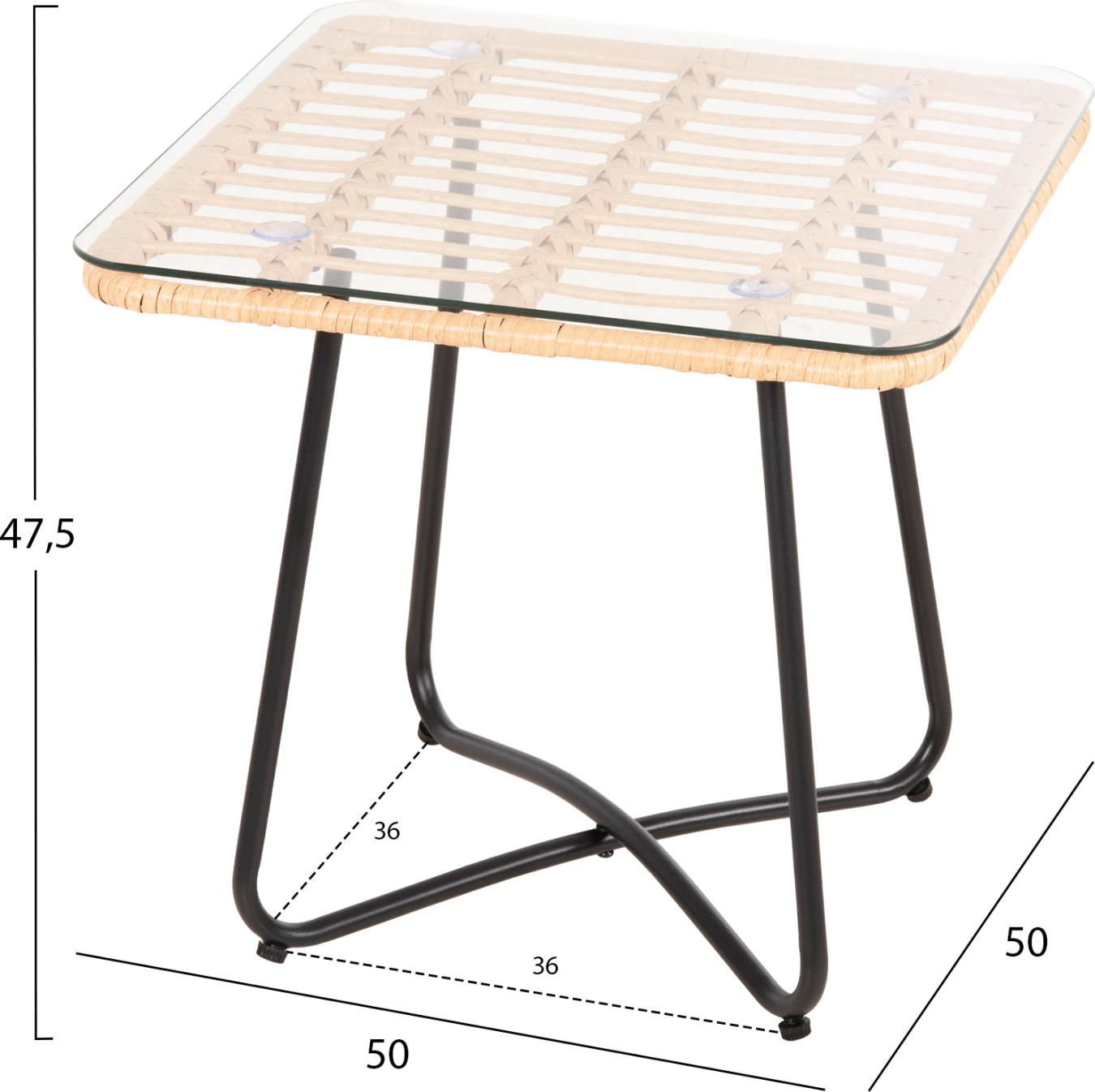 Tavolinë kafeje GERRY FH5717.11 p.e. rattan, kornizë metalike e zezë, 50x50x47,5 cm