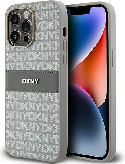 Mbështjellës DKNY Mono Stripe & Metal Logo për iPhone 14 Pro, bezhë