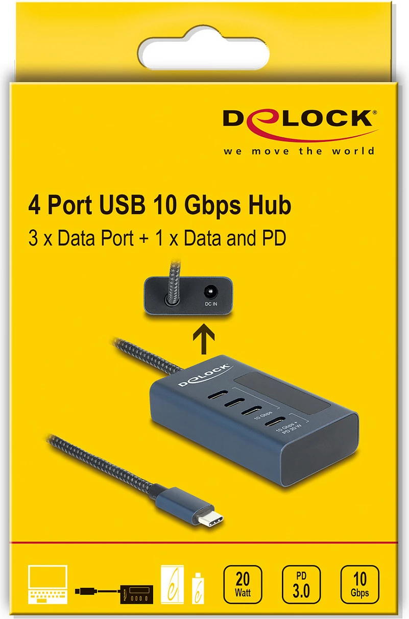 USB hub DeLOCK 4 porte Type-C, 10 Gbps, PD 20W, me ekran, gri