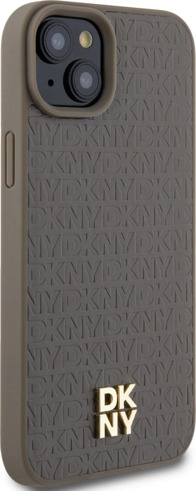 Mbështjellës DKNY Leather Pattern Metal Logo MagSafe për iPhone 15 Plus / 14 Plus, Kafe