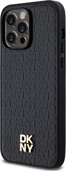 Mbështjellës DKNY Leather Monogram Pattern Metal Logo MagSafe për iPhone 14 Pro Max, Zi