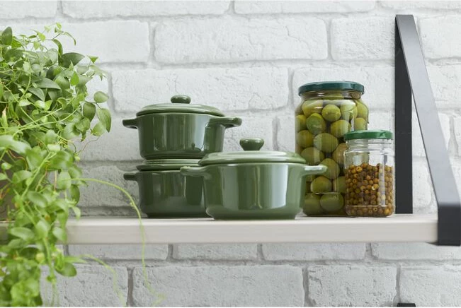 Mini Cocotte 10 cm, e rrumbullakët, jeshile borziloku, qeramike