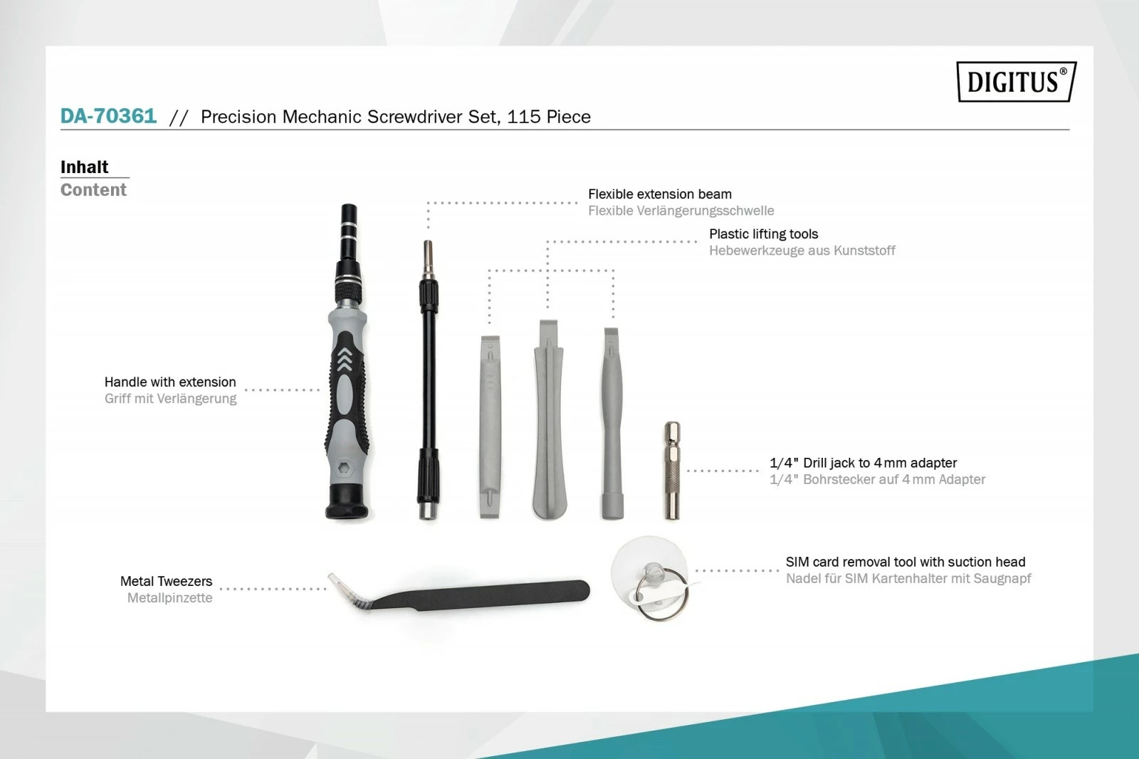 Set kaçavidash Digitus DA-70361, 115 pjesë, për riparime precize