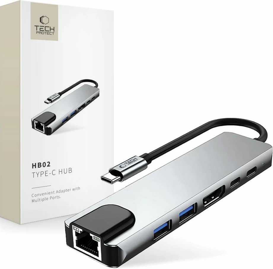 Adapter HUB Tech-Protect HB02 6in1, USB-C, USB 2.0, USB 3.0, HDMI 4K, RJ45, PD 100W, Gri