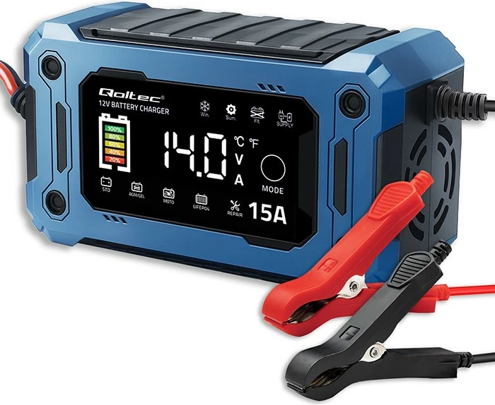Karikues mikroprocesorik baterie Qoltec 52496 12V 15A me LCD, riparim dhe mirëmbajtje, SUP 14V, për AGM GEL LiFePO4, zi/kaltër