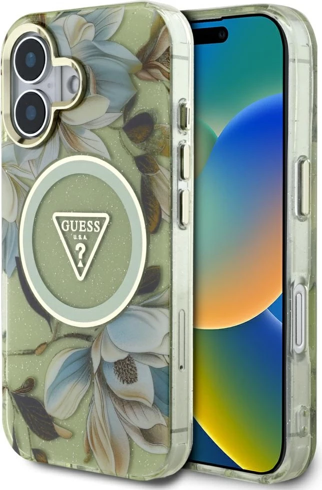 Mbështjellës Guess Glitter Flowers Triangle Buttons MagSafe për iPhone 16, Gjelbër