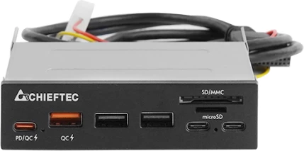 Panel i brendshëm lexues kartelash + USB hub CHIEFTEC CRD-908H 3.5\", 4x USB 3.2 Gen1 Type-A/Type-C, QC3.0/PD3.0, SD/microSD, e zezë