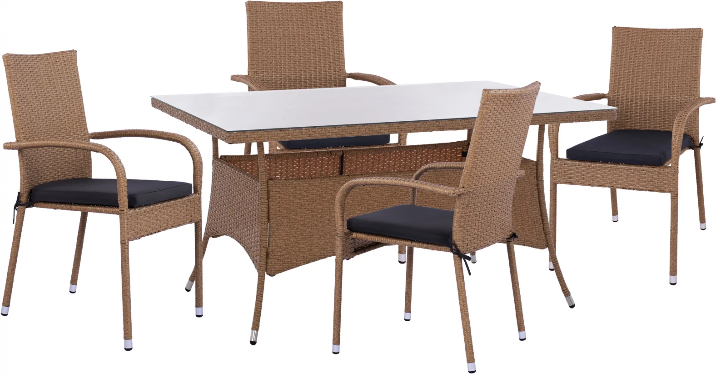 Set tavoline ngrënieje 5 pjesë, tavolinë 150x90 dhe karrige rattan bexh kafe FH11713.02