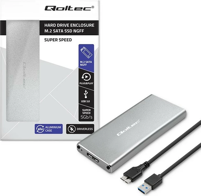 Kasë Qoltec për SSD M.2 SATA/NGFF, USB 3.0, 2TB, Argjend