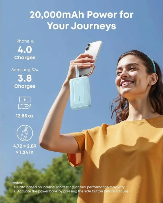 Powerbank Anker Zolo 20000 mAh 45W me kabllo USB-C të integrume, e zezë