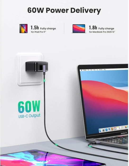 Kabllo USB-C në USB-C UGREEN 80714 60W 3m me kënd 90°, e zezë/argjend