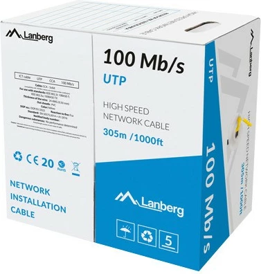 Kabllo rrjeti UTP Lanberg LCU5-10CC-0305-Y, 305m, 100Mb/s, e verdhë