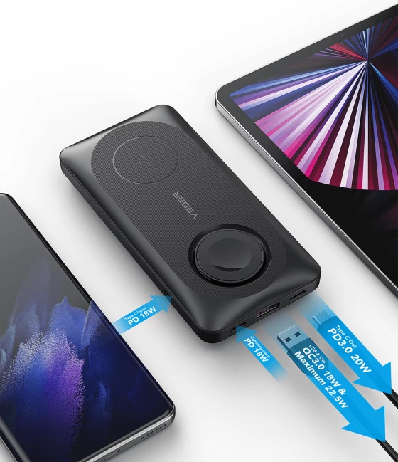 Powerbank magnetik 3-në-1 VEGER MagMulti W1156 10000mAh PD 20W, i zi