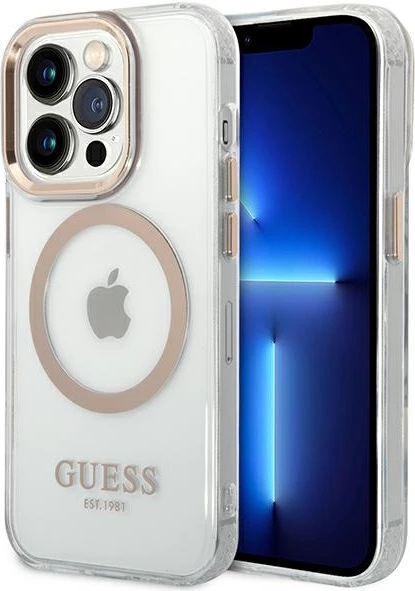 Mbështjellës Guess GUHMP14LHTRMD për iPhone 14 Pro 6.1", Metal Outline Magsafe, Transparent/Gold