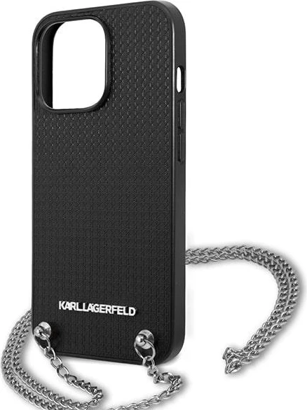 Mbështjellës Karl Lagerfeld Monogram Plaque për iPhone 13 Pro/13 6.1", i zi, me zinxhir