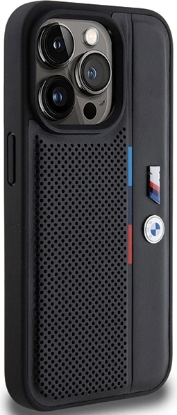 Mbështjellës BMW Perforated Tricolor Line për iPhone 15 Pro, i zi