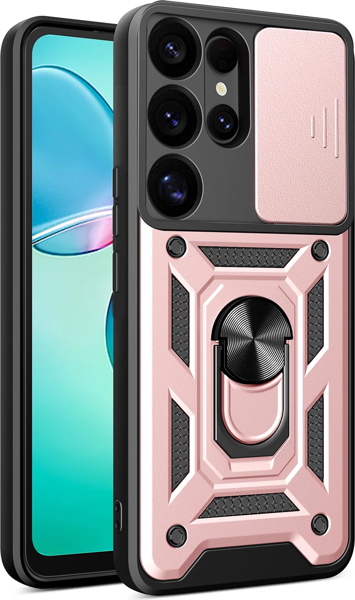 Mbështjellës Hurtel Hybrid Armor Camshield me kapak kamere dhe unazë metalike për Samsung Galaxy S25 Ultra, Rozë