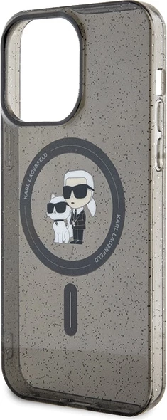 Mbështjellës Karl Lagerfeld Karl&Choupette Glitter MagSafe për iPhone 15 Pro Max, zi