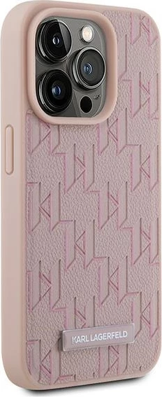 Mbështjellës Karl Lagerfeld Leather Monogram Metal Logo për iPhone 15 Pro Max, Rozë