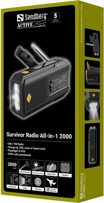 Radio survival SANDBERG Survivor Radio All-in-1 2000 (421-04) powerbank 2000 mAh, AM/FM, solar, dinamo, dritë LED, e zezë