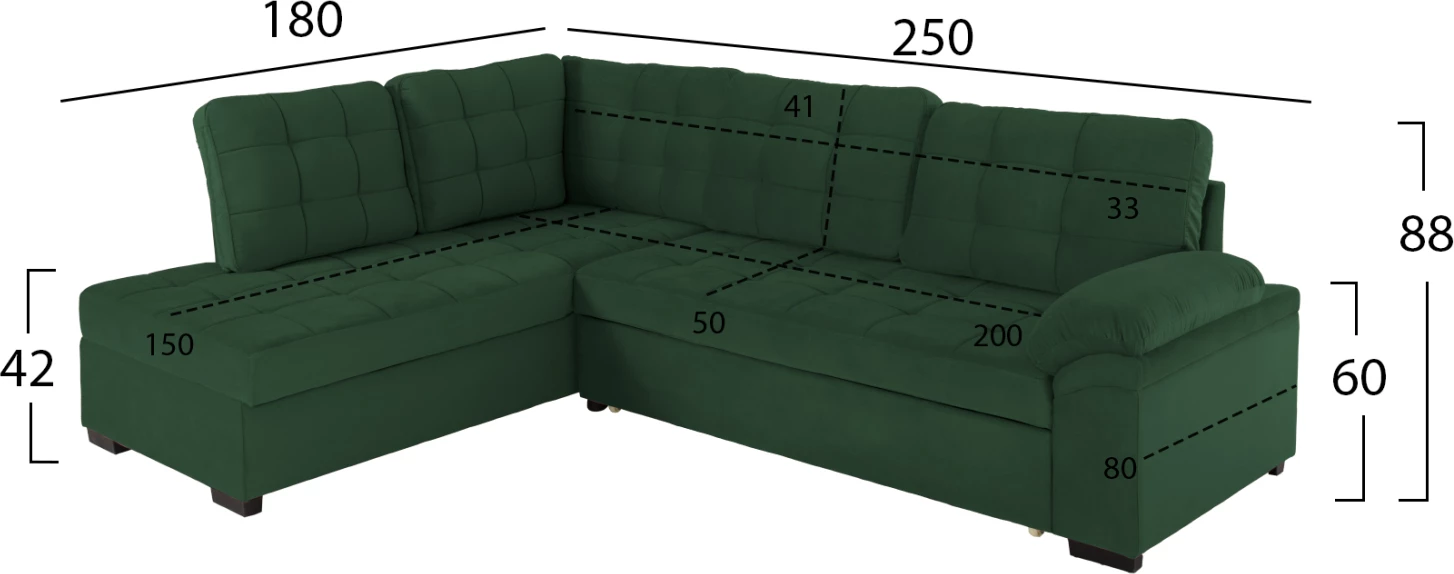 Kënd divani JADE me krevat, ngjyrë cypress, FH3144.05L, 250x80-180x73-88H cm