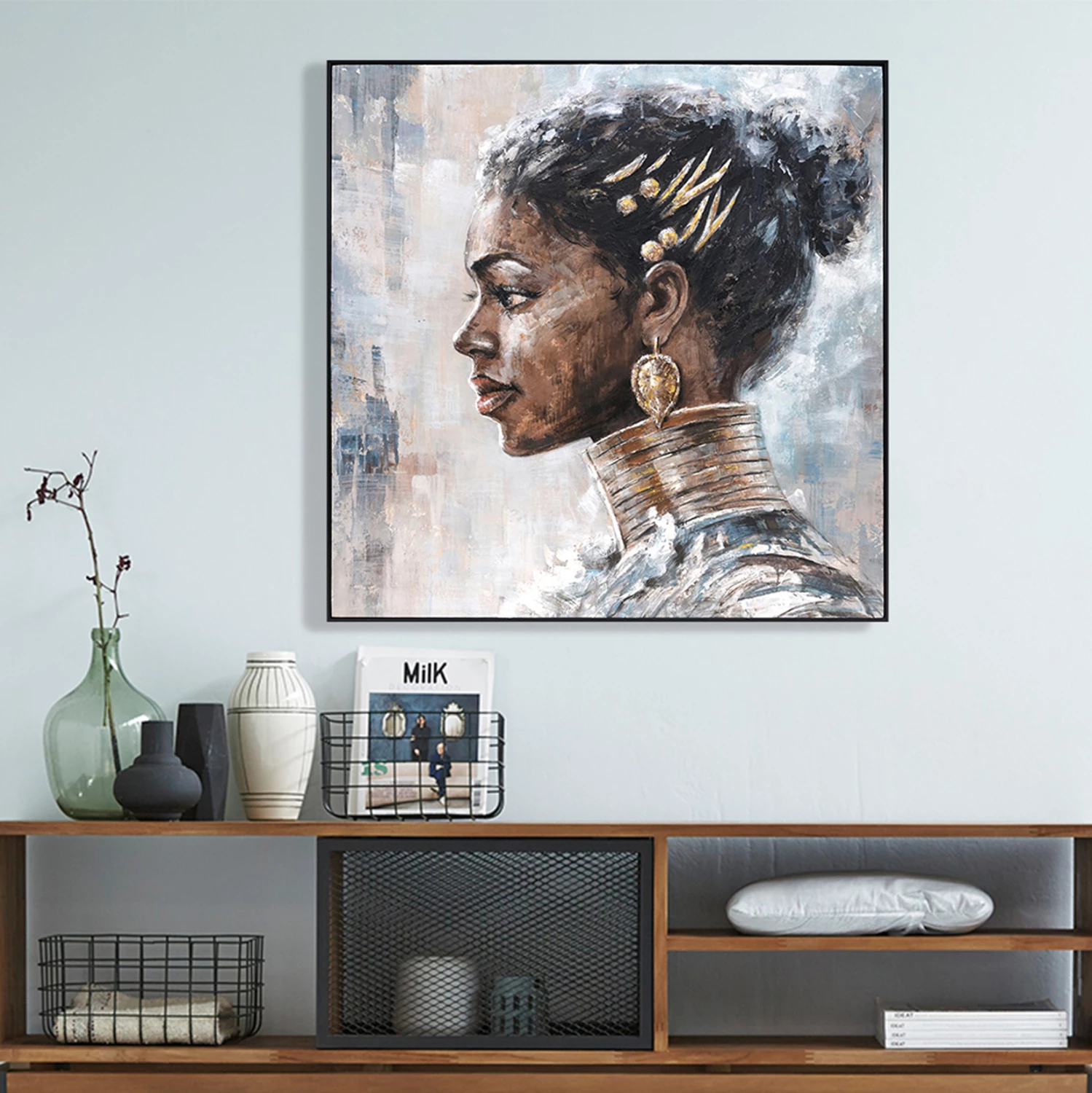 Pikturë muri FH4544 me kornizë të zezë PS, kanavacë e printuar me profil gruaje, 102x4.5x102 cm