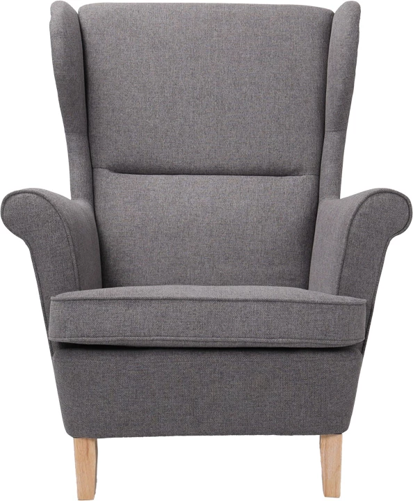 Fotel Malei, material gri, këmbë druri natyrale, 85x93x100cm