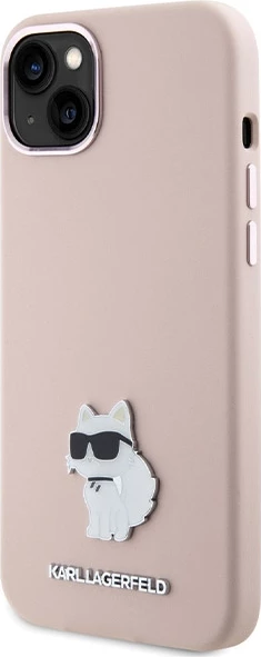 Mbështjellës Karl Lagerfeld Silicone Choupette Metal Pin për iPhone 15 Plus / 14 Plus, Rozë
