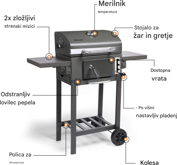 grill me qymyr portativ VONHAUS 2500869 2-në-1 smoker, me rafta anësorë të palosshëm, me termometër, zi/argjend