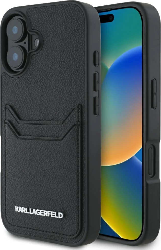 Mbështjellës Karl Lagerfeld HC Grained PU Cardslot Metal Elong për iPhone 16, e zezë