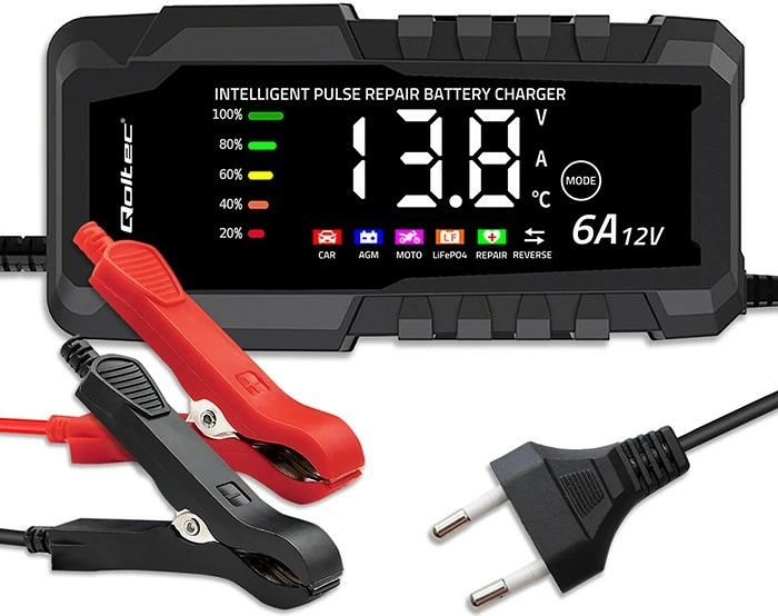 Karikues baterie, Qoltec, 52494, 12V 6A, mikroprocesor me ekran LCD, funksion riparimi, për AGM/GEL/LiFePO4, e zezë