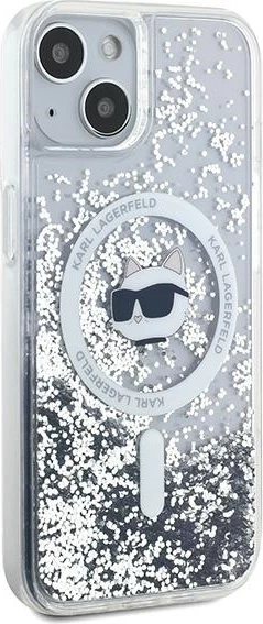 Mbështjellës Karl Lagerfeld Liquid Glitter Choupette Head MagSafe për iPhone 15 Plus / 14 Plus, Transparent