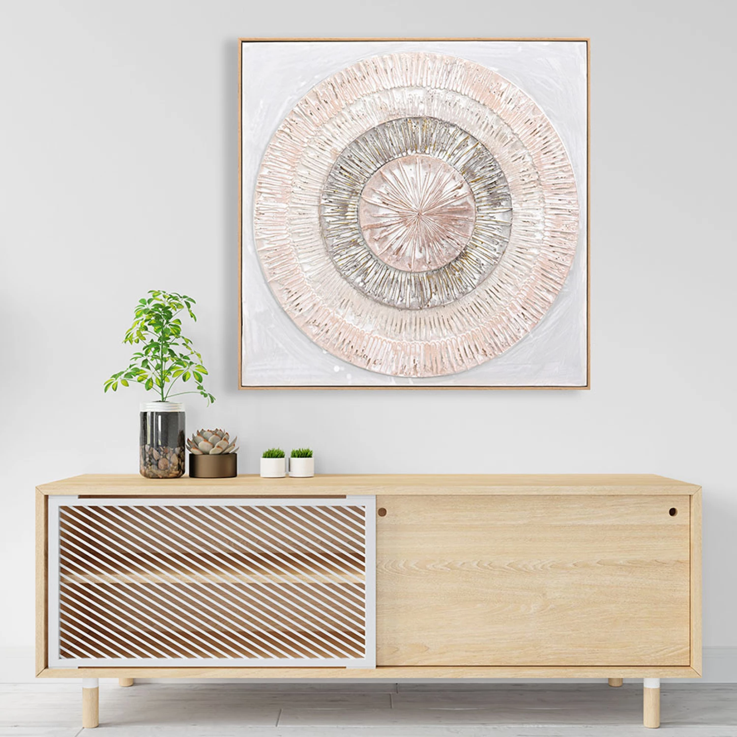 Pikturë muri 3D FH4578 me kornizë PS ngjyrë bezhë, rrathe të punuar me dorë, 82x4.5x82 cm