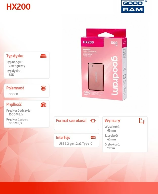 SSD i jashtëm GOODRAM HX200 500GB USB 3.2 Gen 2x2 Type-C, rozë gold