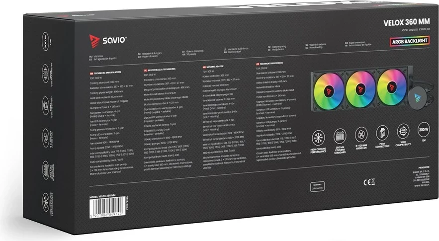 Kasë ftohëse SAVIO VELOX 360 MM, All-in-one liquid cooler, për procesor, 36 cm, Alumini, RGB, E zezë