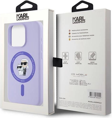Mbështjellës Karl Lagerfeld Silicone Karl&Choupette Heads Ring MagSafe për iPhone 15 Pro, Violet