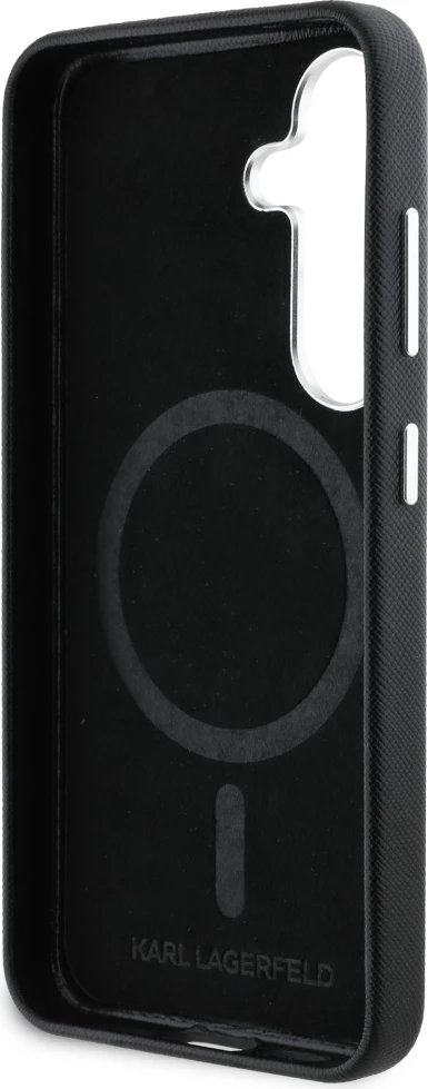 Mbështjellës Karl Lagerfeld Saffiano Full Wrapped Elongated Metal Logo MagSafe për Samsung Galaxy S25, Zi