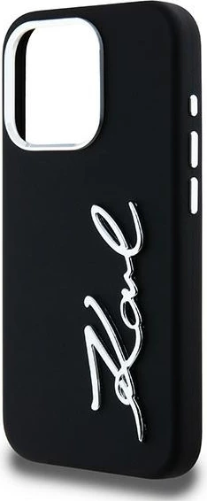 Mbështjellës Karl Lagerfeld Silicone Metal Script Logo për iPhone 15 Pro, i zi